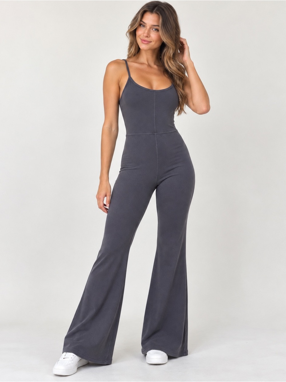 QINSEN Charcoal Gray Flare Jumpsuit Size Large